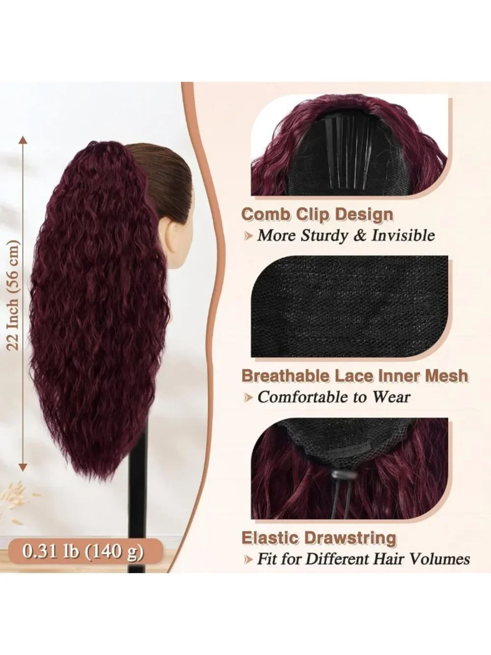 Burgundy Curly Drawstring Ponytail Extension – Long Wavy Synthetic Hairpiece for
